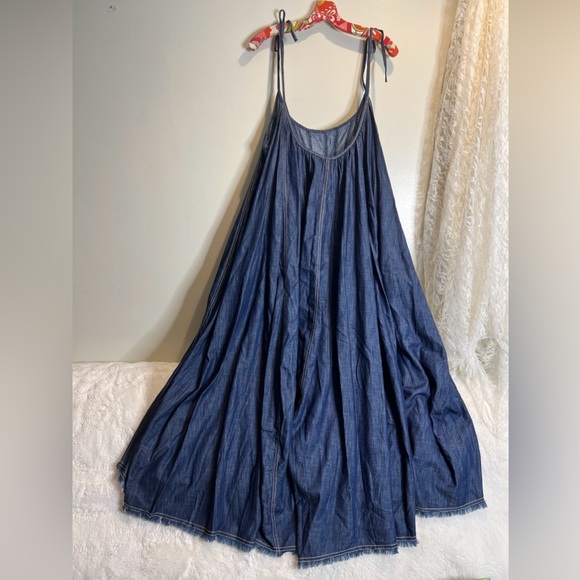 Free People Denim Dreams Denim Chambray Tie Shoulder Seamed Midi Dress XL - Picture 8 of 9